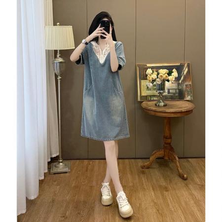 BY13385# 蕾丝拼接连帽连衣裙女夏季新款欧货大码裙子气质牛仔裙 服裝批發女裝批發服飾貨源