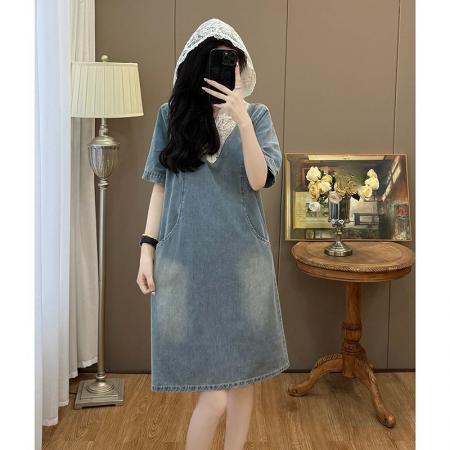 BY13385# 蕾丝拼接连帽连衣裙女夏季新款欧货大码裙子气质牛仔裙 服裝批發女裝批發服飾貨源
