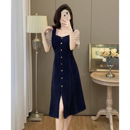 BY13386# 夏季大码胖MM茶歇裙假两件休闲洋气减龄胖妹妹显瘦连衣裙 服裝批發女裝批發服飾貨源