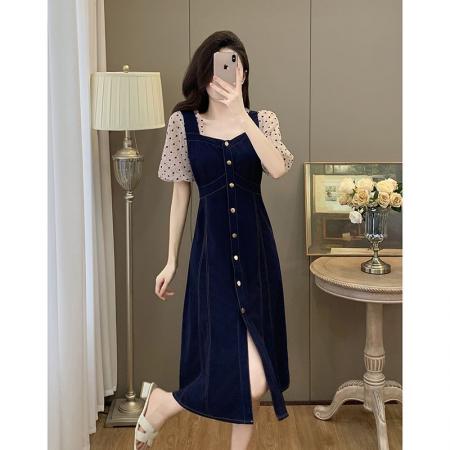 BY13386# 夏季大码胖MM茶歇裙假两件休闲洋气减龄胖妹妹显瘦连衣裙 服裝批發女裝批發服飾貨源