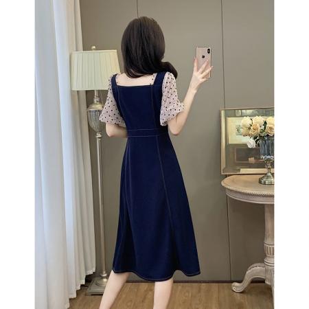 BY13386# 夏季大码胖MM茶歇裙假两件休闲洋气减龄胖妹妹显瘦连衣裙 服裝批發女裝批發服飾貨源