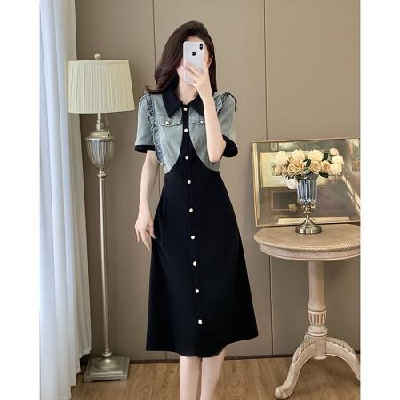 BY13387# 大码连衣裙夏胖mm新款拼接假两件木耳边收腰显瘦长裙 服裝批發女裝批發服飾貨源