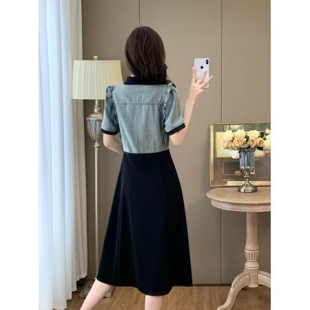 BY13387# 大码连衣裙夏胖mm新款拼接假两件木耳边收腰显瘦长裙 服裝批發女裝批發服飾貨源