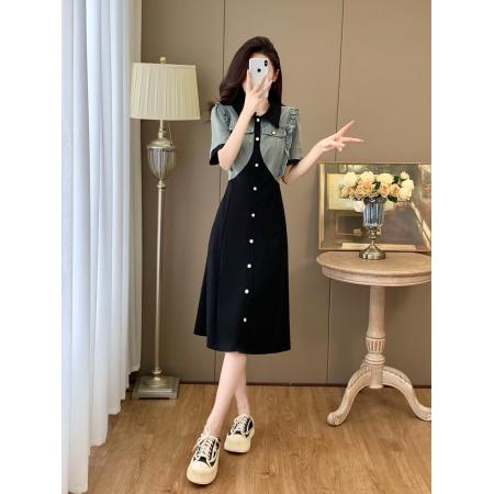 BY13387# 大码连衣裙夏胖mm新款拼接假两件木耳边收腰显瘦长裙 服裝批發女裝批發服飾貨源