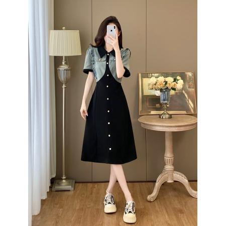 BY13387# 大码连衣裙夏胖mm新款拼接假两件木耳边收腰显瘦长裙 服裝批發女裝批發服飾貨源