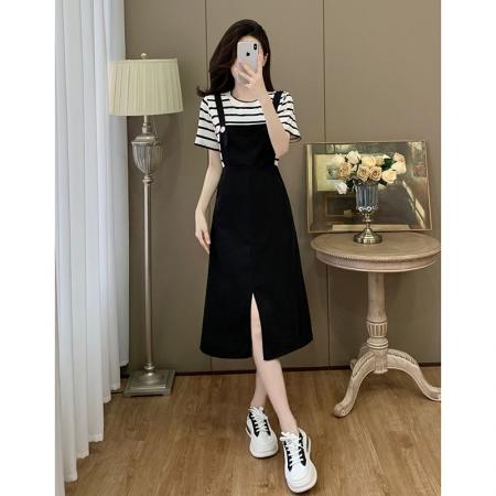 BY13389# 大码女装胖mm新款夏装休闲风小众假两件拼接背带连衣裙 服裝批發女裝批發服飾貨源