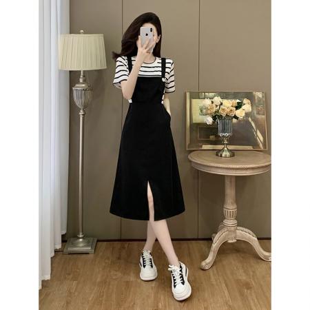 BY13389# 大码女装胖mm新款夏装休闲风小众假两件拼接背带连衣裙 服裝批發女裝批發服飾貨源