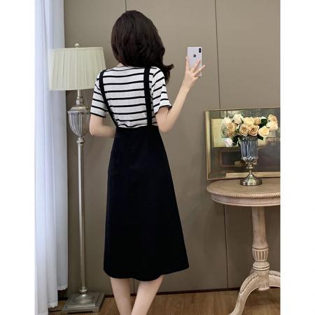 BY13389# 大码女装胖mm新款夏装休闲风小众假两件拼接背带连衣裙 服裝批發女裝批發服飾貨源