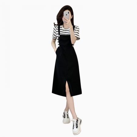 BY13389# 大码女装胖mm新款夏装休闲风小众假两件拼接背带连衣裙 服裝批發女裝批發服飾貨源