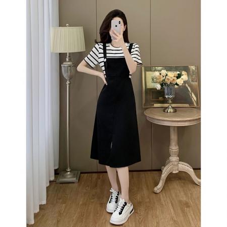 BY13389# 大码女装胖mm新款夏装休闲风小众假两件拼接背带连衣裙 服裝批發女裝批發服飾貨源