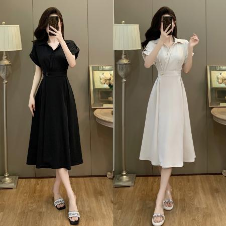 BY13390# 大码女装卷边短袖翻领连衣裙女小个子高腰显瘦气质长裙 服裝批發女裝批發服飾貨源