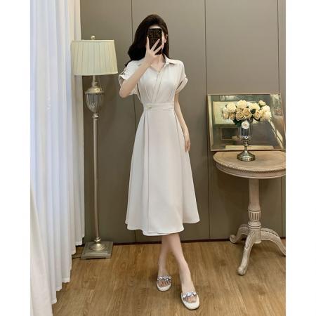 BY13390# 大码女装卷边短袖翻领连衣裙女小个子高腰显瘦气质长裙 服裝批發女裝批發服飾貨源