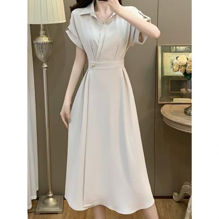 BY13390# 大码女装卷边短袖翻领连衣裙女小个子高腰显瘦气质长裙 服裝批發女裝批發服飾貨源