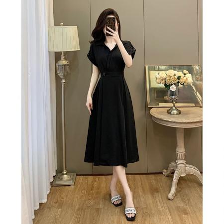 BY13390# 大码女装卷边短袖翻领连衣裙女小个子高腰显瘦气质长裙 服裝批發女裝批發服飾貨源