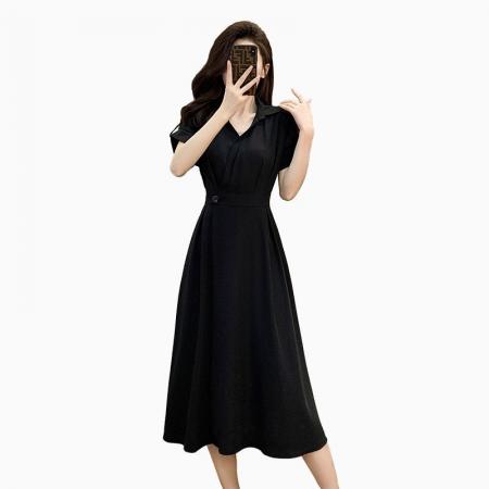 BY13390# 大码女装卷边短袖翻领连衣裙女小个子高腰显瘦气质长裙 服裝批發女裝批發服飾貨源