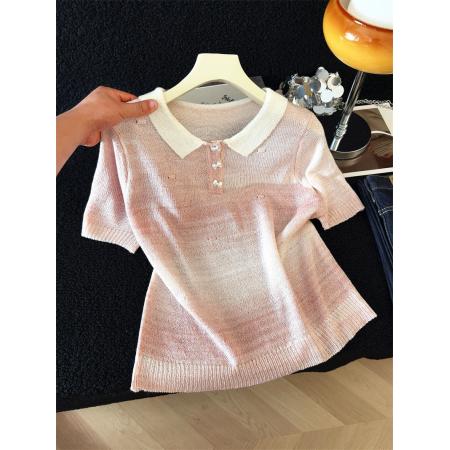 BY13392# 韩系慵懒风渐变镂空针织衫短袖女春夏新款甜美减龄短款上衣体恤 服裝批發女裝批發服飾貨源