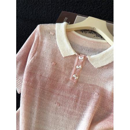 BY13392# 韩系慵懒风渐变镂空针织衫短袖女春夏新款甜美减龄短款上衣体恤 服裝批發女裝批發服飾貨源