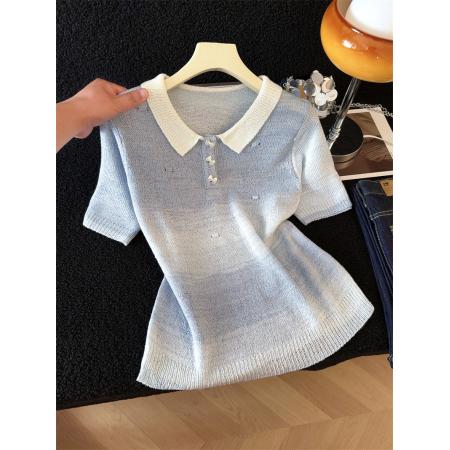 BY13392# 韩系慵懒风渐变镂空针织衫短袖女春夏新款甜美减龄短款上衣体恤 服裝批發女裝批發服飾貨源