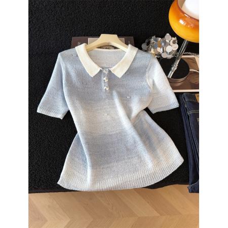 BY13392# 韩系慵懒风渐变镂空针织衫短袖女春夏新款甜美减龄短款上衣体恤 服裝批發女裝批發服飾貨源