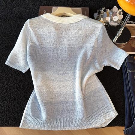 BY13392# 韩系慵懒风渐变镂空针织衫短袖女春夏新款甜美减龄短款上衣体恤 服裝批發女裝批發服飾貨源