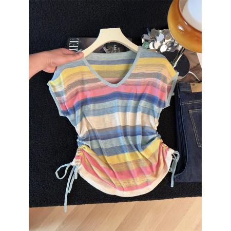 BY13393# 辣妹抽绳针织条纹短袖T恤女夏季新款大码胖mm显瘦不规则短款上衣 服裝批發女裝批發服飾貨源