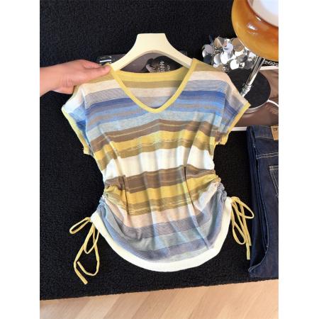 BY13393# 辣妹抽绳针织条纹短袖T恤女夏季新款大码胖mm显瘦不规则短款上衣 服裝批發女裝批發服飾貨源