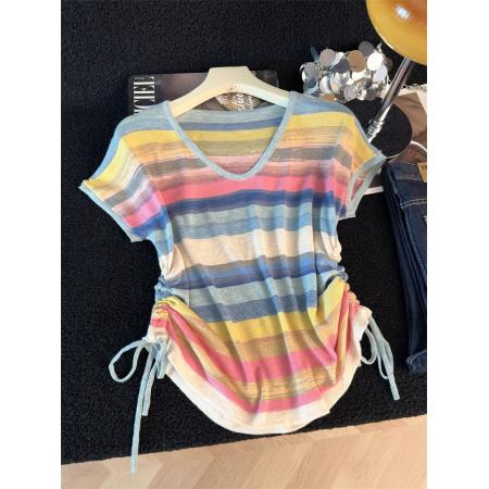 BY13393# 辣妹抽绳针织条纹短袖T恤女夏季新款大码胖mm显瘦不规则短款上衣 服裝批發女裝批發服飾貨源