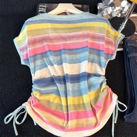 BY13393# 辣妹抽绳针织条纹短袖T恤女夏季新款大码胖mm显瘦不规则短款上衣 服裝批發女裝批發服飾貨源