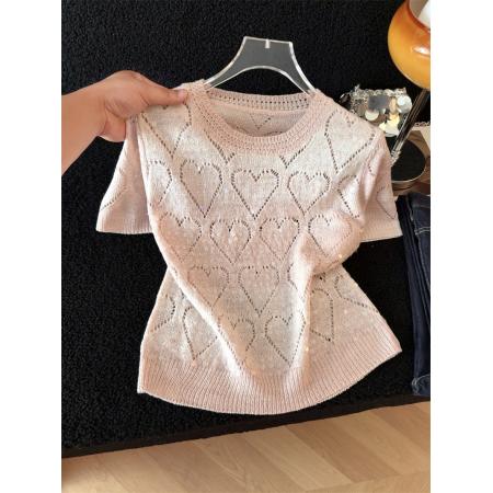 BY13396# 渐变色镂空亮片圆领短袖针织衫女夏季新款漂亮减龄爱心上衣服 服裝批發女裝批發服飾貨源