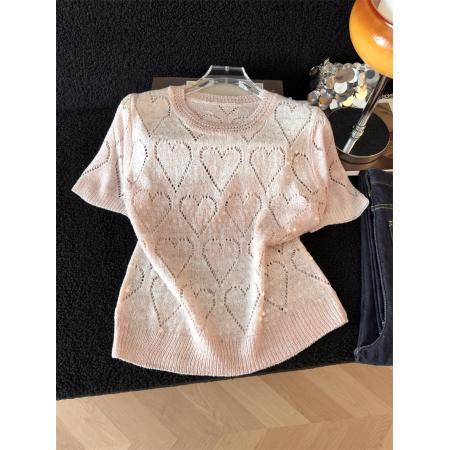 BY13396# 渐变色镂空亮片圆领短袖针织衫女夏季新款漂亮减龄爱心上衣服 服裝批發女裝批發服飾貨源