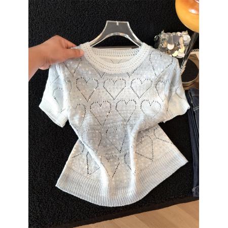 BY13396# 渐变色镂空亮片圆领短袖针织衫女夏季新款漂亮减龄爱心上衣服 服裝批發女裝批發服飾貨源