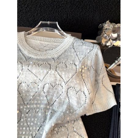 BY13396# 渐变色镂空亮片圆领短袖针织衫女夏季新款漂亮减龄爱心上衣服 服裝批發女裝批發服飾貨源