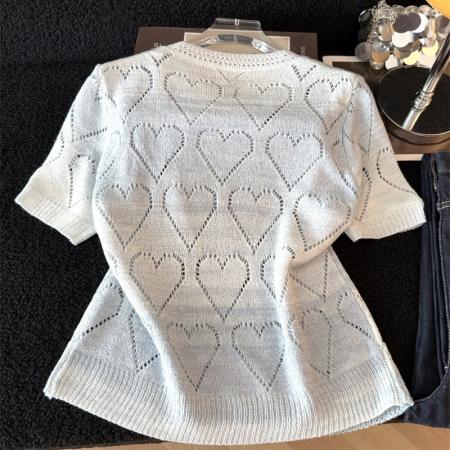 BY13396# 渐变色镂空亮片圆领短袖针织衫女夏季新款漂亮减龄爱心上衣服 服裝批發女裝批發服飾貨源