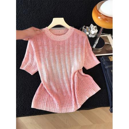BY13397# 甜美渐变色条纹短袖针织衫女夏季新款独特重工亮片上衣薄 服裝批發女裝批發服飾貨源