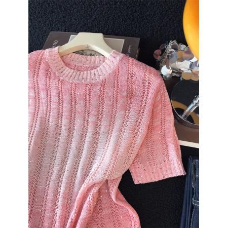 BY13397# 甜美渐变色条纹短袖针织衫女夏季新款独特重工亮片上衣薄 服裝批發女裝批發服飾貨源