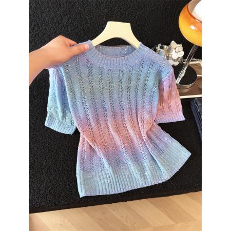 BY13397# 甜美渐变色条纹短袖针织衫女夏季新款独特重工亮片上衣薄 服裝批發女裝批發服飾貨源