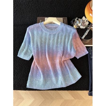 BY13397# 甜美渐变色条纹短袖针织衫女夏季新款独特重工亮片上衣薄 服裝批發女裝批發服飾貨源