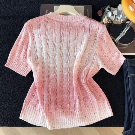 BY13397# 甜美渐变色条纹短袖针织衫女夏季新款独特重工亮片上衣薄 服裝批發女裝批發服飾貨源