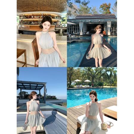 BY13398# kubiliv海蓝碎珀重工挂脖挖肩纯欲氛围感手工钉珠收腰连衣裙 服裝批發女裝批發服飾貨源