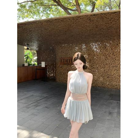 BY13398# kubiliv海蓝碎珀重工挂脖挖肩纯欲氛围感手工钉珠收腰连衣裙 服裝批發女裝批發服飾貨源