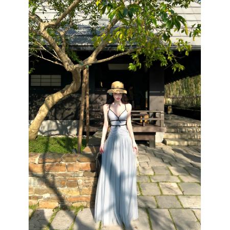 BY13399# 灰尘邓邓网纱吊带连衣裙女早春新款法式度假长裙气质裙子 服裝批發女裝批發服飾貨源