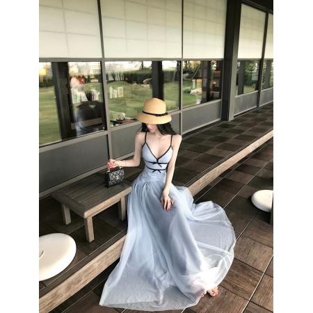 BY13399# 灰尘邓邓网纱吊带连衣裙女早春新款法式度假长裙气质裙子 服裝批發女裝批發服飾貨源