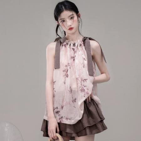 BY13400# OTRE赤茶玫瑰挖肩抽褶飘带上衣+半身裙套装 服裝批發女裝批發服飾貨源