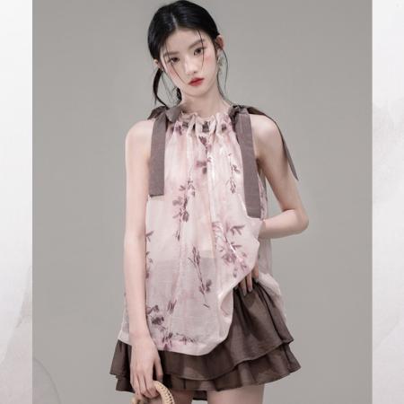 BY13400# OTRE赤茶玫瑰挖肩抽褶飘带上衣+半身裙套装 服裝批發女裝批發服飾貨源