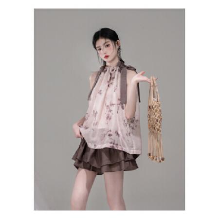 BY13400# OTRE赤茶玫瑰挖肩抽褶飘带上衣+半身裙套装 服裝批發女裝批發服飾貨源