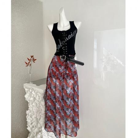 BY13403# 赵露思同款巨好看复古撞色格纹半身裙黑色上衣套装 服裝批發女裝批發服飾貨源