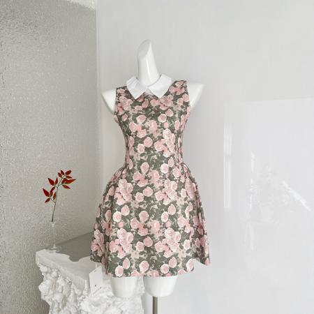 BY13404# RECIT玫瑰油画衬衫领无袖连衣裙女春夏千金风蓬蓬修身收腰背心裙 服裝批發女裝批發服飾貨源