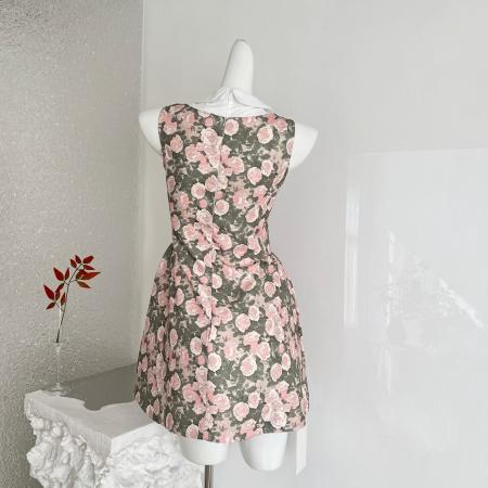 BY13404# RECIT玫瑰油画衬衫领无袖连衣裙女春夏千金风蓬蓬修身收腰背心裙 服裝批發女裝批發服飾貨源