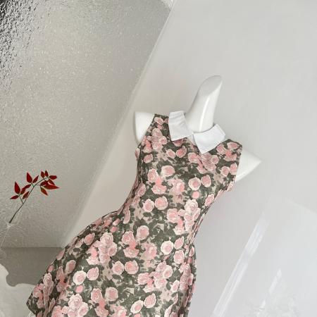 BY13404# RECIT玫瑰油画衬衫领无袖连衣裙女春夏千金风蓬蓬修身收腰背心裙 服裝批發女裝批發服飾貨源