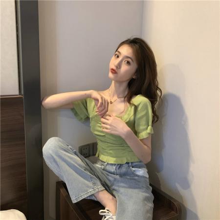 BY13409# 复古方领露锁骨褶皱木耳边短袖针织衫 服裝批發女裝批發服飾貨源